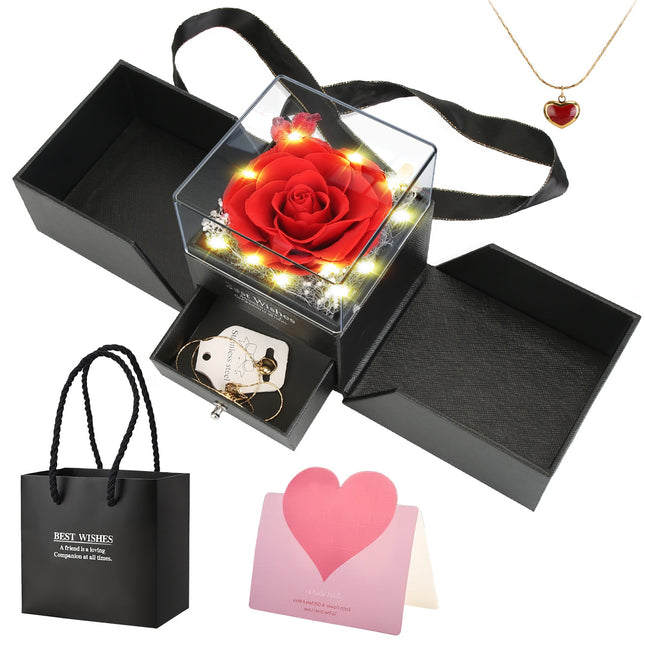 Preserved Real Red Rose with Heart Necklace – Eternal Flower Jewelry Box – Romantic Gift for Wife, Girlfriend, Mom on Anniversary & Valentine’s Day