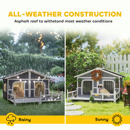 Luxury Double-Room Wooden Dog House with Porch – Openable Roof & Removable Floor – Weatherproof Outdoor Kennel for 2 Small/Medium Dogs (Gray)