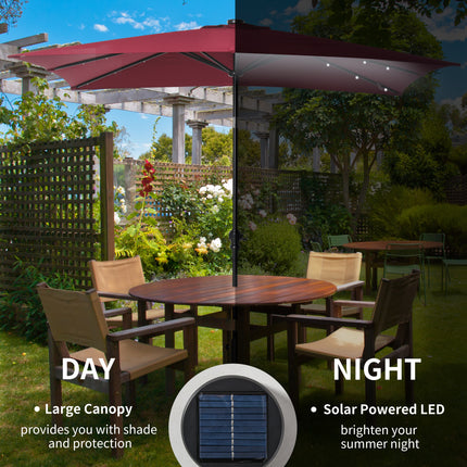 9x7ft Solar Powered LED Lighted Patio Umbrella – Rectangular Outdoor Sunshade with Tilt & Crank – Wine Red Parasol for Garden, Deck & Poolside