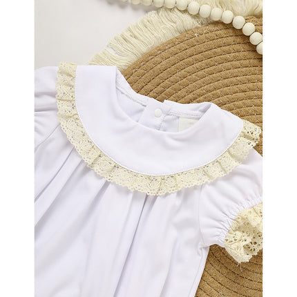 Baby Girl White Lace Smocked Romper – Vintage Floral Embroidery Bubble Jumpsuit – Elegant Wedding & Christening Outfit