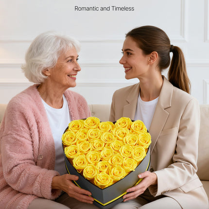 Forever Flowers – 27 Real Preserved Yellow Roses in Heart-Shaped Box – Eternal Roses for Anniversary, Valentine’s Day & Mother’s Day – Long-Lasting Luxury Gift