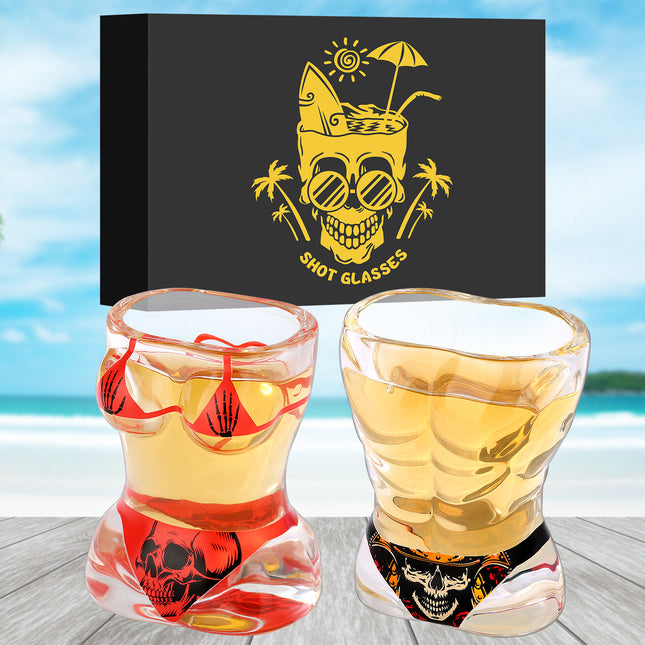 Creative 3D Body Shape Shot Glasses – 2pcs Set: Black Muscle Man & Red Bikini Skull Style – Unique Barware Gift for Parties & Halloween