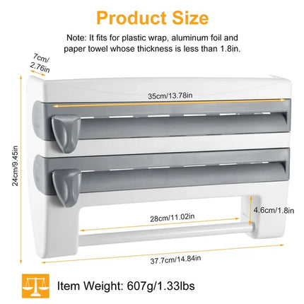 SmartCut™ Triple Roll Dispenser – Wall-Mounted Organizer for Cling Film, Foil, and Paper Towels
