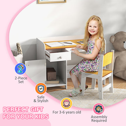 Kids' Study Desk and Chair Set with Built-in Bookshelf – Children's Writing Table with Storage Drawers – Ergonomic Student Workstation, White