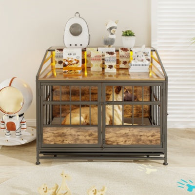 Luxury Furniture-Style Dog Crate with Storage Shelves – Large Wooden Pet Kennel with Double Doors – Decorative Dog House & Console Table (Rustic Brown)