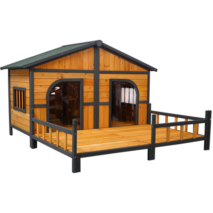 XL Double Wooden Dog House with Front Porch – Large Outdoor Pet Kennel with Elevated Floor – Weatherproof Twin-Room Dog Villa (Natural Wood)