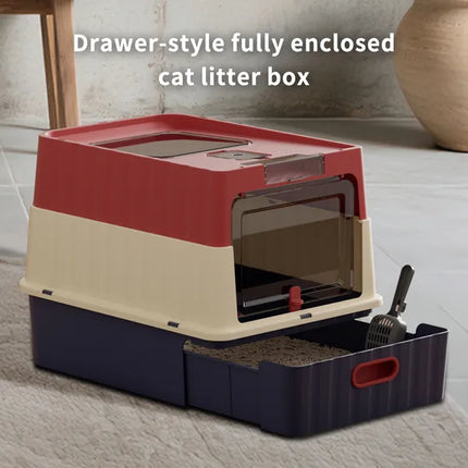 Drawer-Style Cat Litter Box with Scoop – Spacious Semi-Closed Litter Pan with High Shield Walls for Indoor Cats and Kittens