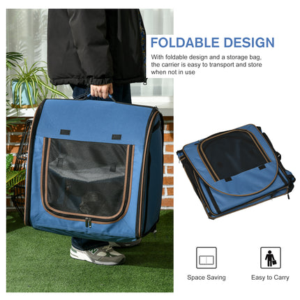 39" Portable Double Cat Carrier – Extra Large Two-Compartment Travel Crate with Divider – Foldable Soft-Sided Dog Kennel with Plush Cushions (Blue)