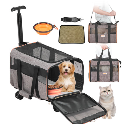VEVOR Airline Approved Rolling Pet Carrier – 360° Silent Wheels & Telescopic Handle – Dog & Cat Travel Bag for Pets up to 22 lbs – Includes Folding Bowl