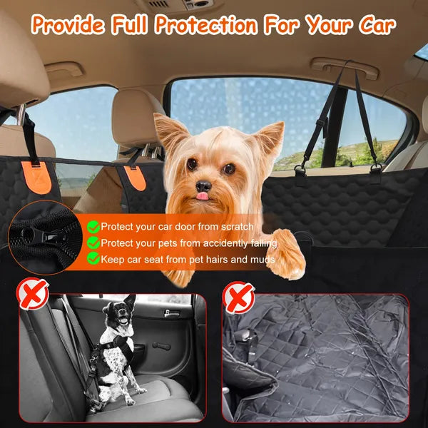 600D Heavy-Duty Dog Car Seat Cover – Full Protection Hammock with Side Flaps – Waterproof Rear Seat Protector with Mesh Window & Storage Bags