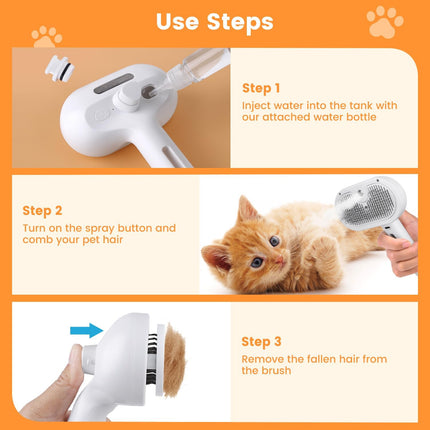 3-in-1 Steamy Cat Brush – Pet Steam Brush for Shedding & Grooming – Water Mist Spray Comb for Long & Short Haired Cats and Dogs – One-Click Hair Release