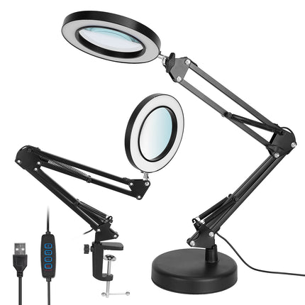 8X LED Magnifying Lamp with Clamp & Stand – 2-in-1 Swing Arm Desk Lamp – 3 Color Modes & 10 Brightness Levels for Craft, Repair, and Reading