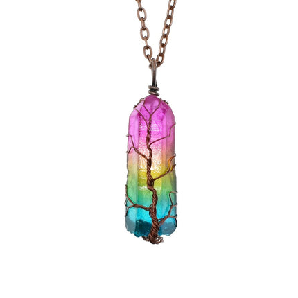 Natural Crystal Pillar Tree of Life Pendant – Hand-Wrapped Wire Stone Necklace – Spiritual Healing Jewelry for Women