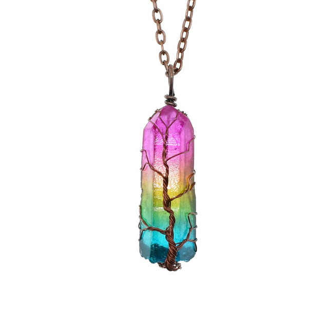 Natural Crystal Pillar Tree of Life Pendant – Hand-Wrapped Wire Stone Necklace – Spiritual Healing Jewelry for Women