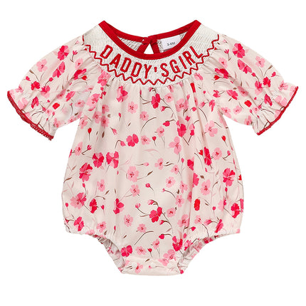 "Daddy's Girl" Smocked Baby Romper – Floral Print Princess Bodysuit – Hand-Embroidered Vintage Style Outfit for Infant Girls