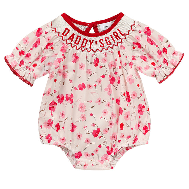 "Daddy's Girl" Smocked Baby Romper – Floral Print Princess Bodysuit – Hand-Embroidered Vintage Style Outfit for Infant Girls