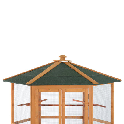 69" Wooden Hexagonal Outdoor Aviary – Deluxe Flight Bird Cage with Weather-Resistant Covered Roof – Large Outdoor Bird House in Classic Brown