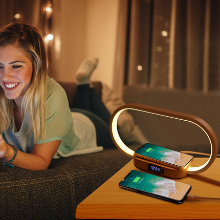 Modern Touch Control Table Lamp – Integrated Wireless Phone Charging Station – Digital Clock & Dimmable LED Night Light