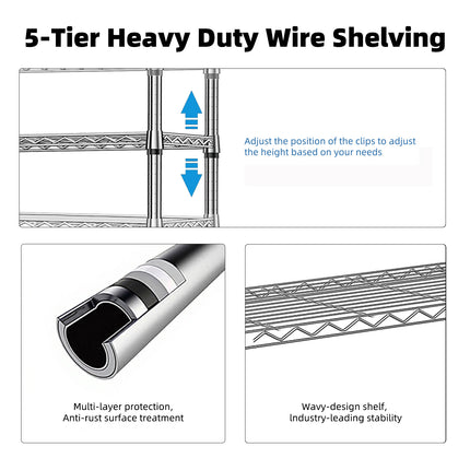 5-Tier Heavy Duty Steel Wire Shelving Unit – High-Capacity Storage Rack for Kitchen, Pantry, Garage & Office Organization