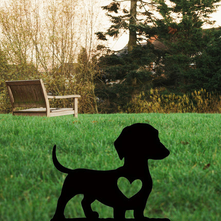 Black dog remembrance stake with heart cutout and central ground spike