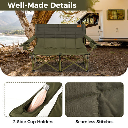 Oversized Padded Double Camping Chair – Thickened 2-Person Loveseat Couch – Heavy Duty Folding Seat with Cup Holders – Black & Gray