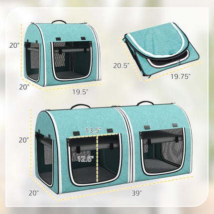 39" Portable Double Pet Carrier with Divider – Two Compartment Soft Cat & Dog Travel Bag – Foldable Green Carrier with Plush Cushions & Storage