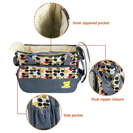 5pcs Baby Diaper Bag Set – Multi-Functional Mummy Travel Tote – Large Capacity Shoulder Bag with Changing Pad & Insulated Bottle Bag