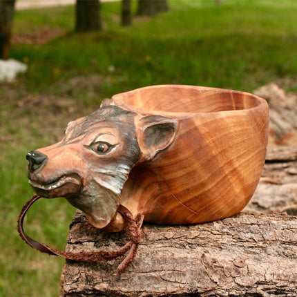 Hand-Carved Scandinavian Kuksa Wooden Mug – Traditional Guksi Camping Cup – Authentic Nordic Wood Coffee Mug with Animal Carvings