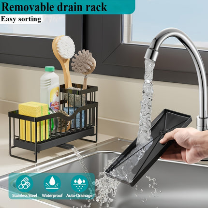 Stainless Steel Kitchen Sink Caddy – Multi-Functional Sponge Holder with Removable Drain Tray & Dishcloth Hanging Bar