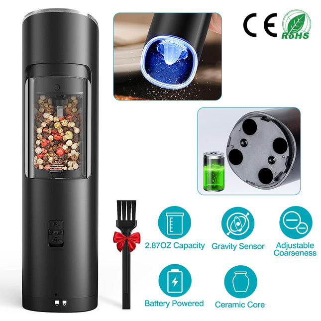 Electric Salt and Pepper Grinder – Automatic Gravity Sensor Mill – Battery Powered with Adjustable Coarseness & Blue LED Light – Easy One-Hand Operation