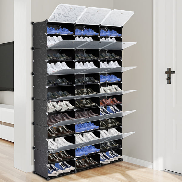 36-Compartment Modular Shoe Storage Cabinet – 12-Tier Extra Large Shoe Box Organizer with Dustproof Doors – Stackable Plastic Shoe Rack for 36+ Pairs