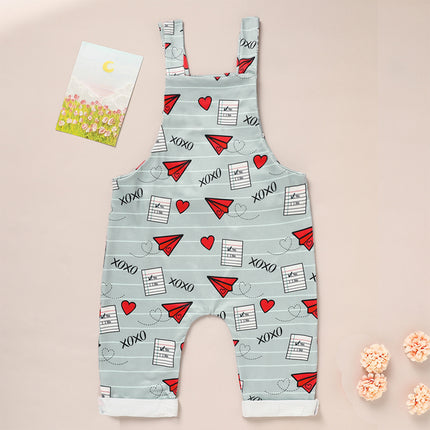 Baby Heart & Paper Plane Print Overalls – Adjustable Strap Cotton Romper – Unisex Spring & Fall Jumpsuit