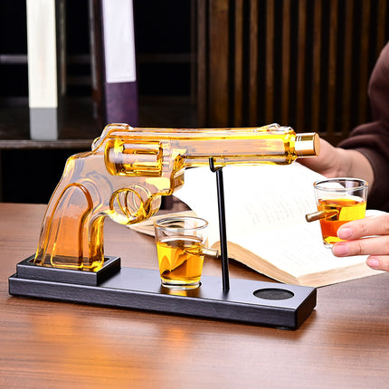 Luxury Whiskey Gun Decanter Set with Mahogany Wooden Stand – 2 Bullet Embedded Glasses – Unique Pistol Liquor Dispenser Gift for Dad, Husband & Men