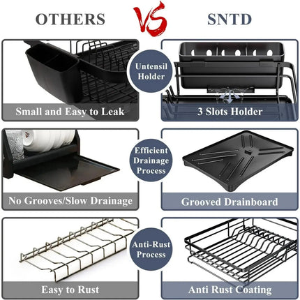 2-in-1 Kitchen Organization Set – 2-Tier Large Dish Drying Rack with Drainboard & Pull-Out Under Sink Organizer Rack – Black Metal