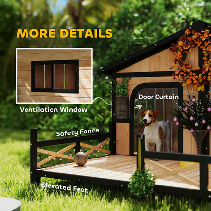 Luxury Natural Wood Double Dog House with Porch – Dual Room Outdoor Kennel with Openable Roof & Removable Floor – Weatherproof Pet Villa