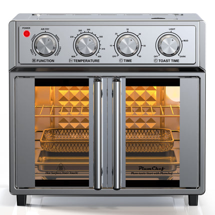 XXL 28L French Door Air Fryer Oven – Silver Stainless Steel Finish – 1700W High Power – Fits 12" Pizza & Whole Chicken
