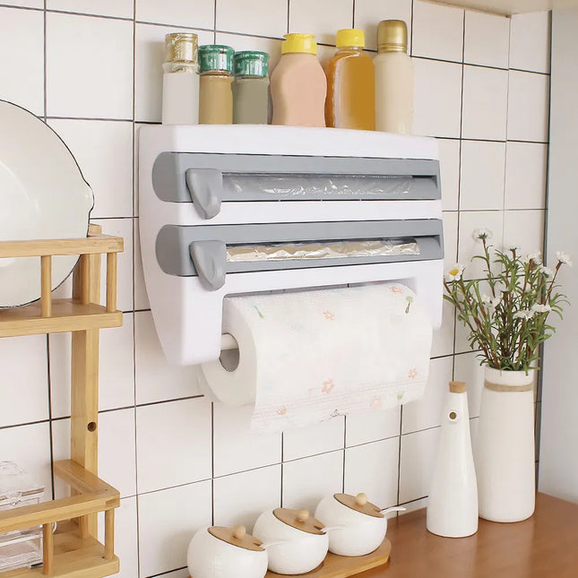 SmartCut™ Triple Roll Dispenser – Wall-Mounted Organizer for Cling Film, Foil, and Paper Towels