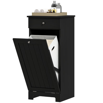 Tilt-Out Laundry Hamper Cabinet – Wooden Bathroom Storage Organizer with Drawer and Removable Basket – Elegant Black Finish