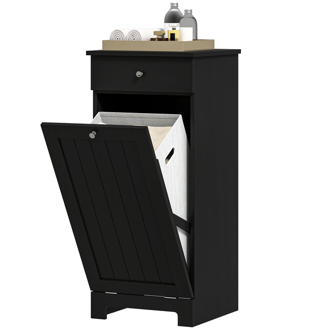Tilt-Out Laundry Hamper Cabinet – Wooden Bathroom Storage Organizer with Drawer and Removable Basket – Elegant Black Finish