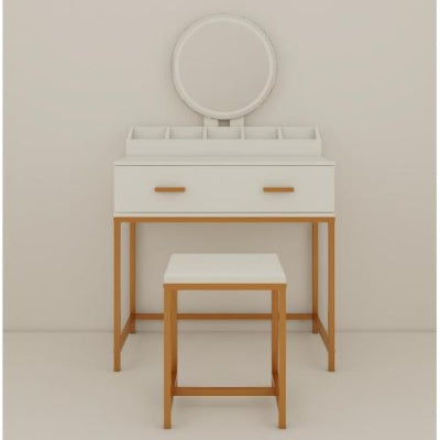 Aurora™ White & Gold Vanity Set – Compact Makeup Table with Mirror & Cushioned Stool