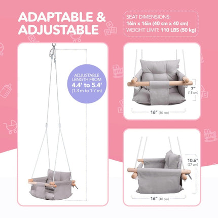 Premium Canvas & Wooden Baby Swing – Indoor/Outdoor Hanging Seat with Safety Belt – Modern Boho Infant Swing Chair – Taupe Gray