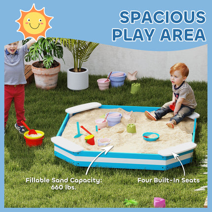 52" Kids Square Wooden Sandbox with 4 Corner Seats – Outdoor Garden Sandpit with Protective Bottom Liner – Blue Sensory Play Station