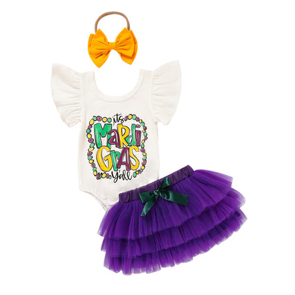 Baby Girl 3-Piece Tutu Set – Letter Print Onesie, Elastic Tulle Skirt & Bow Headband – Adorable First Birthday & Party Outfit