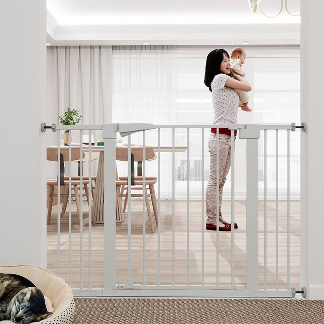 Extra Tall Child Safety Gate – White Pressure Mounted Baby Gate with Extensions – Auto-Close Walk-Thru Door for Stairs and Doorways