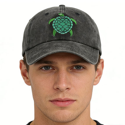 Embroidered Sea Turtle Washed Denim Dad Hat – Adjustable Cotton Baseball Cap for Outdoor Adventures & Daily Wear