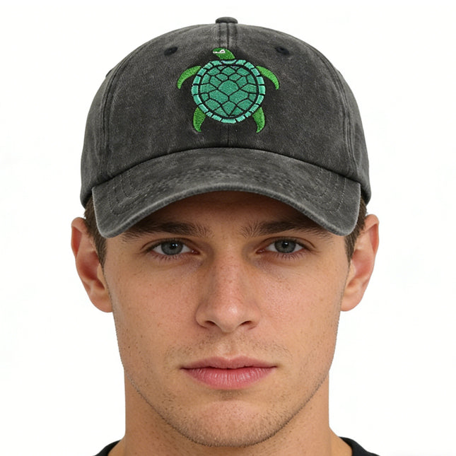 Embroidered Sea Turtle Washed Denim Dad Hat – Adjustable Cotton Baseball Cap for Outdoor Adventures & Daily Wear