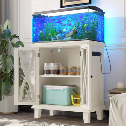 20 Gallon Fish Tank Stand with Built-in Power Outlets – Farmhouse Decorative Aquarium Cabinet with Storage – 4 AC & 2 USB Ports – Beige Pet Habitat Furniture