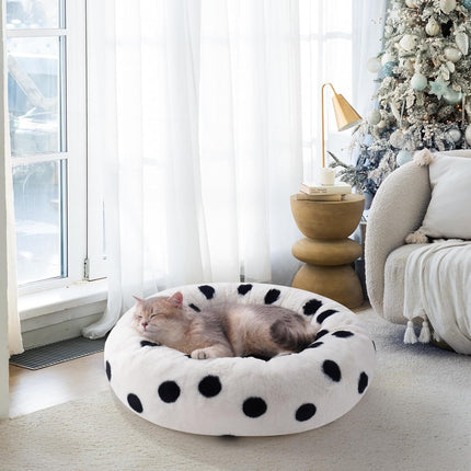 Mewoofun 23-Inch Donut Cat Bed – Black Dot Patterned Round Plush Pet Bed – Calming Anxiety-Relief Bed for Indoor Cats & Small Dogs