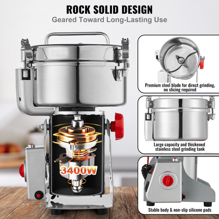 2500W High-Speed Electric Spice Grinder – 2000g Capacity Commercial Flour Mill – Heavy Duty Herb & Grain Pulverizer