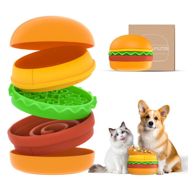 5-in-1 Hamburger Pet Bowl Set – Creative Multi-Layer Food and Water Bowls – Interactive Puzzle Feeder for Cats and Small Dogs – Space-Saving Stackable Design